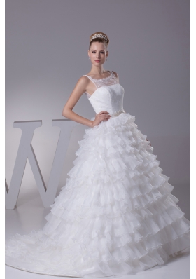 Ruffles and Appliques A-Line Court Train Scoop Wedding Dress