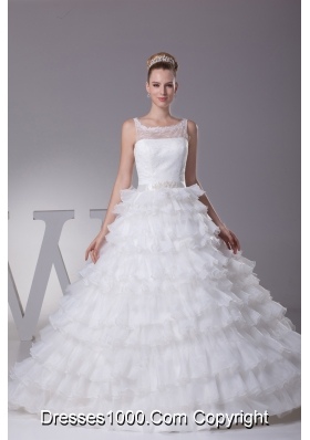 Ruffles and Appliques A-Line Court Train Scoop Wedding Dress