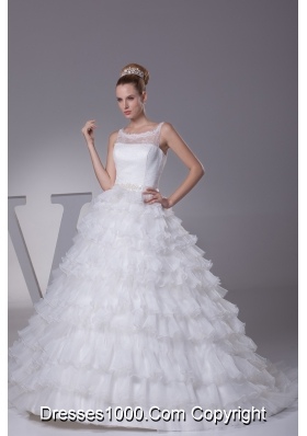 Ruffles and Appliques A-Line Court Train Scoop Wedding Dress