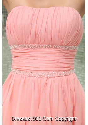 Strapless Asymmetrical Baby Pink Beading Prom Dress