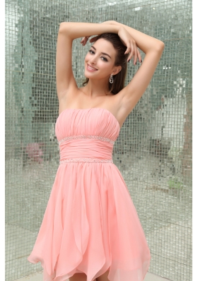 Strapless Asymmetrical Baby Pink Beading Prom Dress