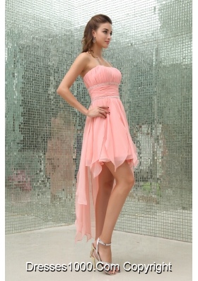 Strapless Asymmetrical Baby Pink Beading Prom Dress