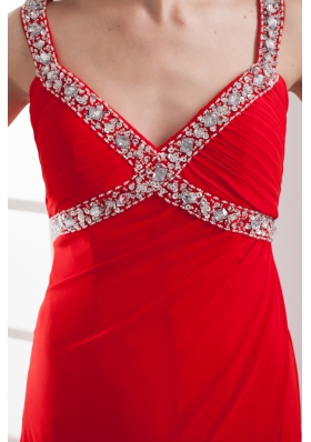 Straps High Slit Empire Beading Long Red Prom Dress