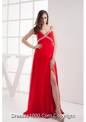 Straps High Slit Empire Beading Long Red Prom Dress