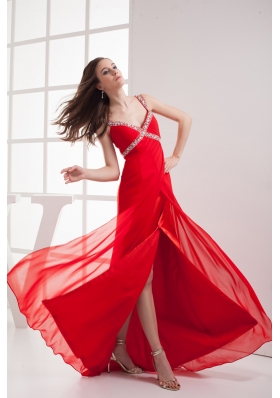 Straps High Slit Empire Beading Long Red Prom Dress