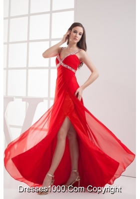 Straps High Slit Empire Beading Long Red Prom Dress