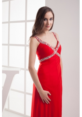 Straps High Slit Empire Beading Long Red Prom Dress