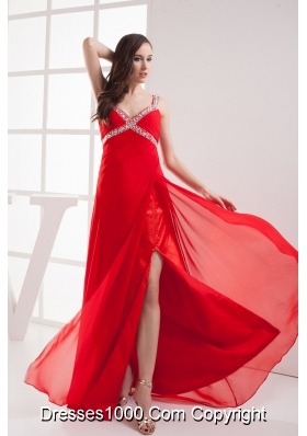 Straps High Slit Empire Beading Long Red Prom Dress