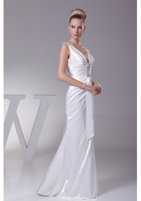 V-neck Beading Long Wedding Dress With Column