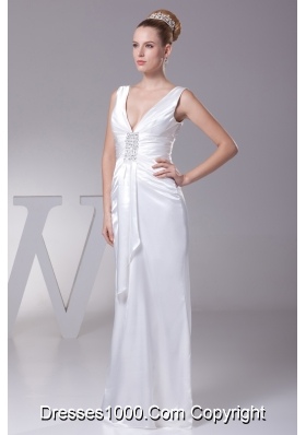 V-neck Beading Long Wedding Dress With Column