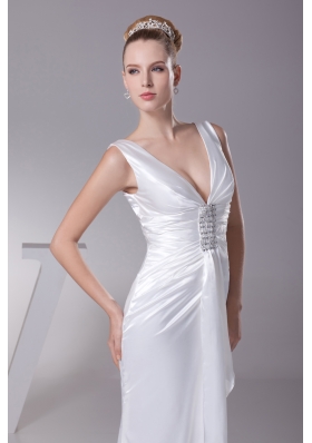 V-neck Beading Long Wedding Dress With Column