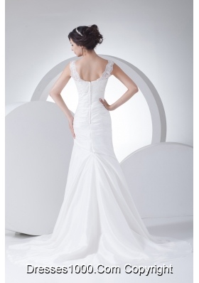 V-neck Column Appliques Ruching Brush Train Wedding Dress