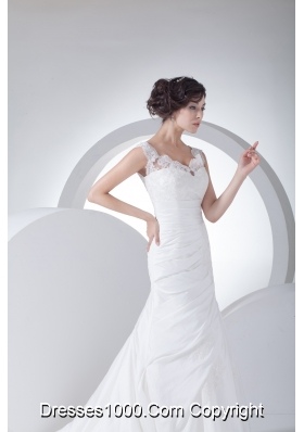 V-neck Column Appliques Ruching Brush Train Wedding Dress