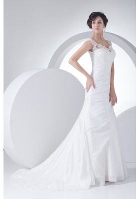 V-neck Column Appliques Ruching Brush Train Wedding Dress