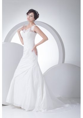 V-neck Column Appliques Ruching Brush Train Wedding Dress