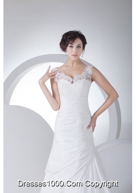 V-neck Column Appliques Ruching Brush Train Wedding Dress