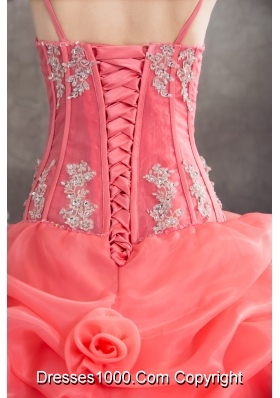 Watermelon Spaghetti Straps Appliques Pick-ups Long Quinceanera Dress