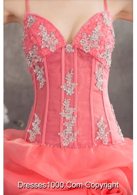 Watermelon Spaghetti Straps Appliques Pick-ups Long Quinceanera Dress