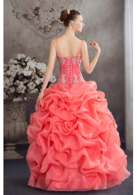 Watermelon Spaghetti Straps Appliques Pick-ups Long Quinceanera Dress