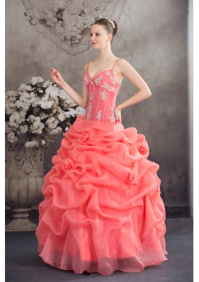 Watermelon Spaghetti Straps Appliques Pick-ups Long Quinceanera Dress