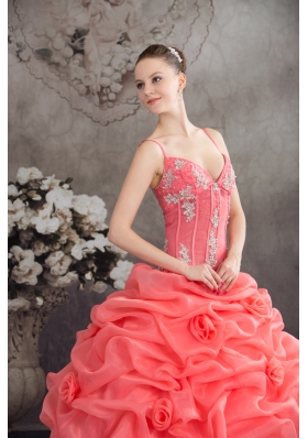 Watermelon Spaghetti Straps Appliques Pick-ups Long Quinceanera Dress