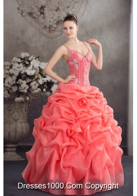 Watermelon Spaghetti Straps Appliques Pick-ups Long Quinceanera Dress