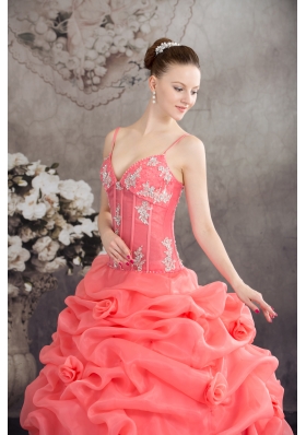 Watermelon Spaghetti Straps Appliques Pick-ups Long Quinceanera Dress