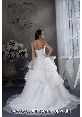 White A-line Hand Made Flowers Court Train Wedding Dress