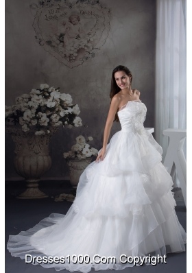 White A-line Hand Made Flowers Court Train Wedding Dress