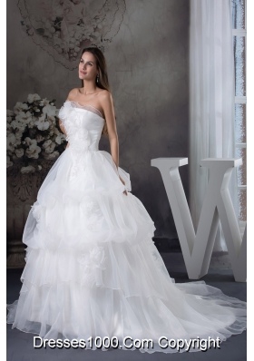 White A-line Hand Made Flowers Court Train Wedding Dress