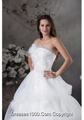 White A-line Hand Made Flowers Court Train Wedding Dress