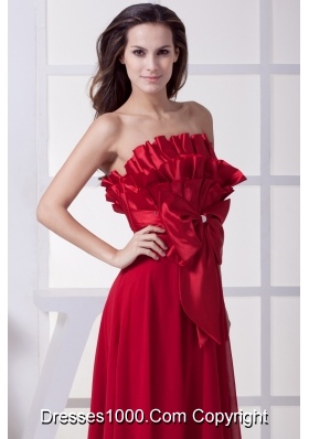 Wine Red Strapless Bowknot Empire Long Prom Dress