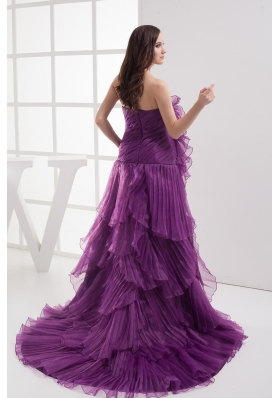 A-line Purple Strapless Ruffles Organza Prom Dress