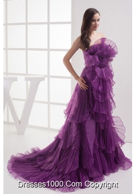 A-line Purple Strapless Ruffles Organza Prom Dress