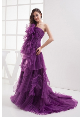 A-line Purple Strapless Ruffles Organza Prom Dress