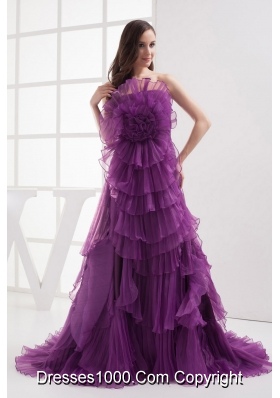 A-line Purple Strapless Ruffles Organza Prom Dress