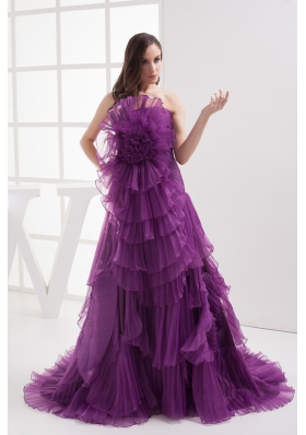 A-line Purple Strapless Ruffles Organza Prom Dress