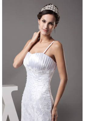 A-line Spaghetti Straps Lace Court Train Wedding Dress