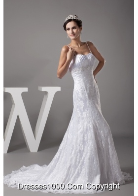 A-line Spaghetti Straps Lace Court Train Wedding Dress