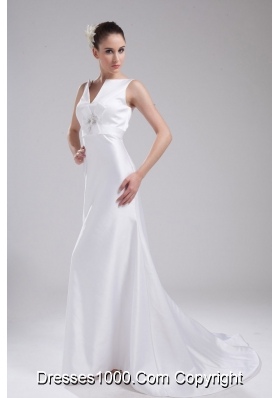 A-line V-neck Hand Made Flower Satin Wedding Dress