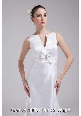 A-line V-neck Hand Made Flower Satin Wedding Dress