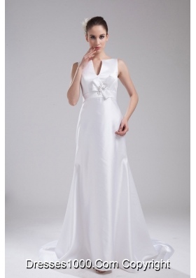 A-line V-neck Hand Made Flower Satin Wedding Dress