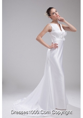 A-line V-neck Hand Made Flower Satin Wedding Dress