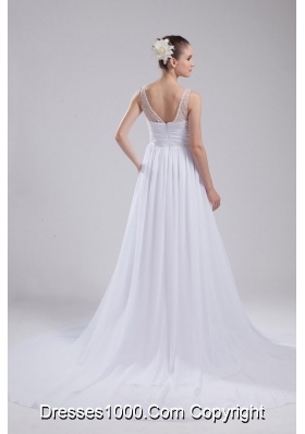 A-line V-neck Ruching Beading Wedding Dress