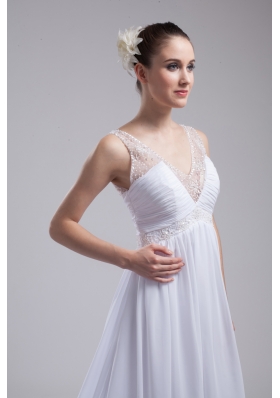 A-line V-neck Ruching Beading Wedding Dress