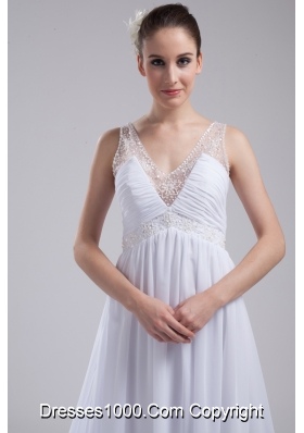 A-line V-neck Ruching Beading Wedding Dress