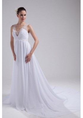 A-line V-neck Ruching Beading Wedding Dress