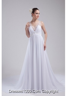 A-line V-neck Ruching Beading Wedding Dress