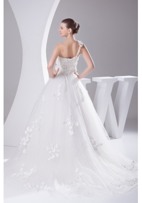 Appliques and Lace A-Line One Shoulder Court Train Wedding Dress