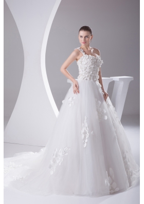 Appliques and Lace A-Line One Shoulder Court Train Wedding Dress